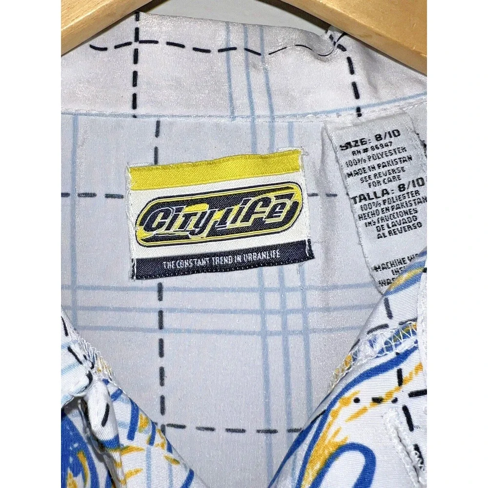 VTG 90s Y2K City Life Dragon Flame Plaid Skater Shirt Button Front Youth 8/10